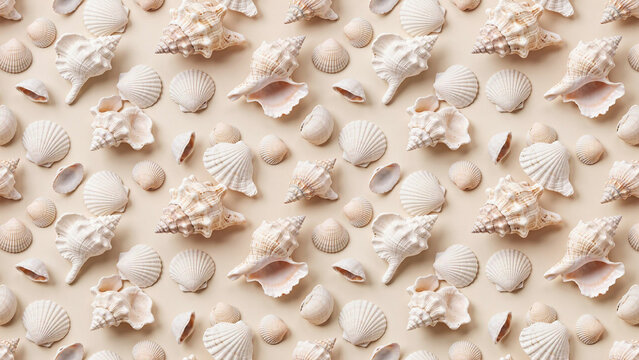Seamless pattern of various seashells arranged on a light beige background.