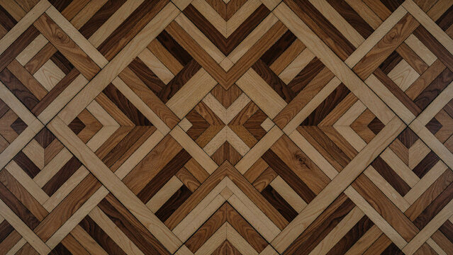 Symmetrical geometric wooden parquet pattern with light and dark wood planks.
