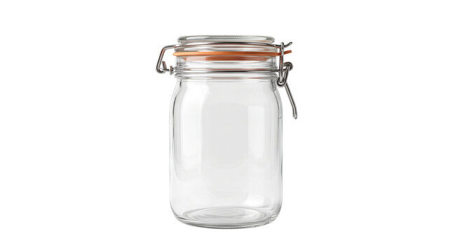 Vintage glass mason jar with airtight metal clamp lid, empty transparent storage canister for kitchen organization and food preservation isolated PNG with Transparent Background