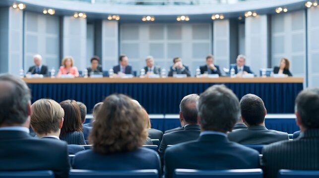 annual shareholder meeting focused on corporate governance, board members seated together on an elegant stage, shareholders listening in the foreground, modern conference architecture, balanced