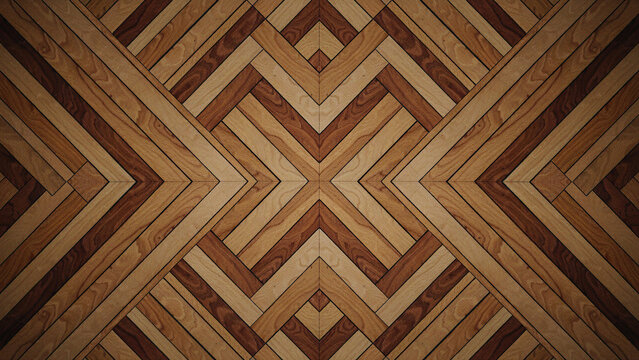 Symmetrical geometric wooden parquet pattern with light and dark wood tones.