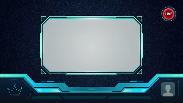 Futuristic digital live streaming overlay featuring glowing cyan neon borders and a sleek dark topographical background for modern gaming content