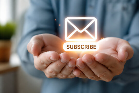A person in a blue shirt holds out their cupped hands displaying a glowing subscribe email icon.