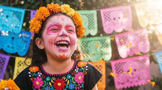 Mexican girl with marigold crown and sugar skull makeup laughing during Day of the Dead celebration, ideal for festival promotional banners and social media posts.
