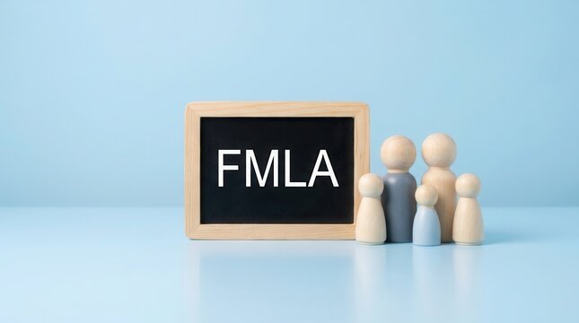 Wooden family figurines next to a blackboard with FMLA representing family and medical leave in a workplace context