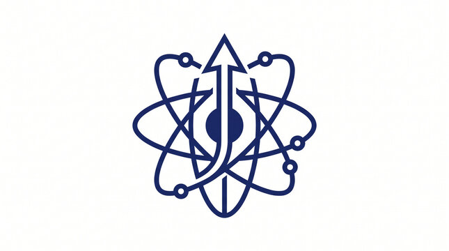 Dark blue line art vector icon featuring an atomic structure with orbiting electrons integrated with a rising upward arrow, symbolizing scientific innovation, energy growth, and technological 