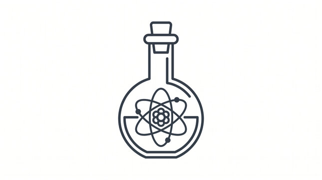 Dark gray line art vector icon featuring a chemistry laboratory flask with a cork stopper containing liquid and an atomic orbital nucleus structure, isolated on a white background.
