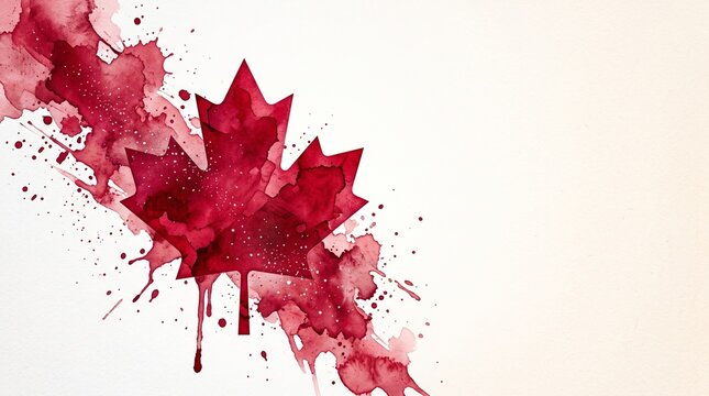 Watercolor Canada maple leaf with red paint splashes, artistic Canadian national symbol on white background, patriotic maple leaf illustration