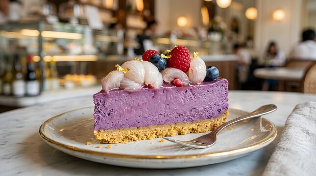 A delicious slice of purple cheesecake with berries and lychee on a plate in a cafe.