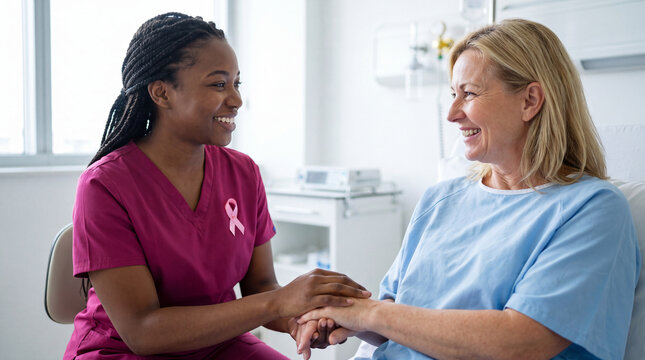 A Black female doctor and a White patient talk warmly during Breast Cancer Awareness Month for hospital support content.