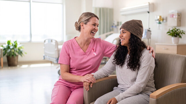 A White nurse and a Hispanic teen patient laugh together in a bright hospital for Breast Cancer Awareness Month youth support content.