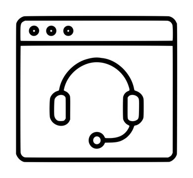 Online customer support portal vector icon featuring a headset with a microphone inside a web browser window, representing digital assistance, help desk services, and professional communication.