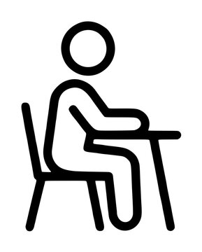 Minimalist black line vector icon of a person sitting at a desk, capturing the essence of a student studying or an employee working. This clean illustration is ideal for education and office themes.