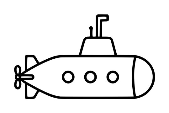 Minimalist black and white vector icon illustration of a classic submarine featuring a periscope, portholes, and propeller, perfect for nautical designs, marine exploration themes, and sea travel.
