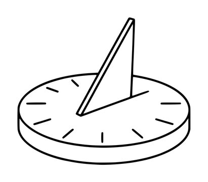 Minimalist vector icon of a classic sundial with a triangular gnomon and circular dial plate, perfect for historical timekeeping illustrations, solar measurement concepts, and garden decor.
