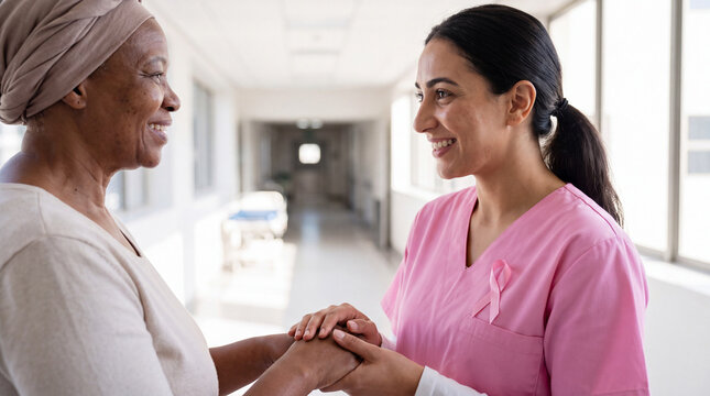 A Middle Eastern doctor holds hands with a Black senior patient during Breast Cancer Awareness Month for caring hospital visuals.