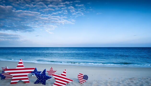 Patriotic stars line up on ocean shore.