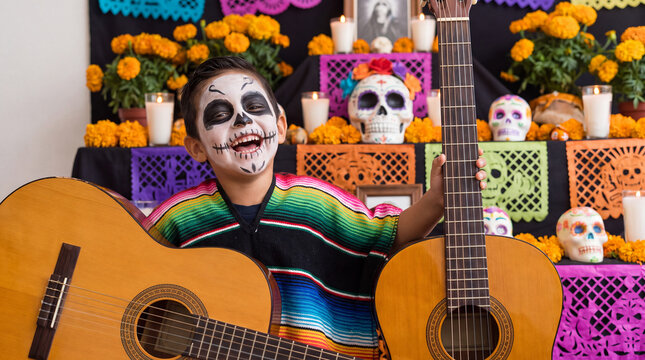 Latino boy with black and white calavera face paint and colorful poncho laughing beside guitar, great for Day of the Dead cultural advertising and festival social posts.