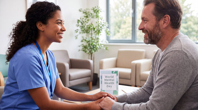 A Hispanic female nurse holds hands with a middle-aged patient in a comfortable hospital lounge for World Mental Health Day marketing.