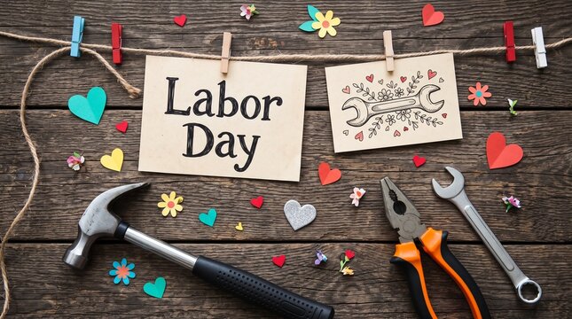 Labor Day greeting card on rustic wood background, festive holiday celebration with tools and hearts, industrial worker appreciation concept