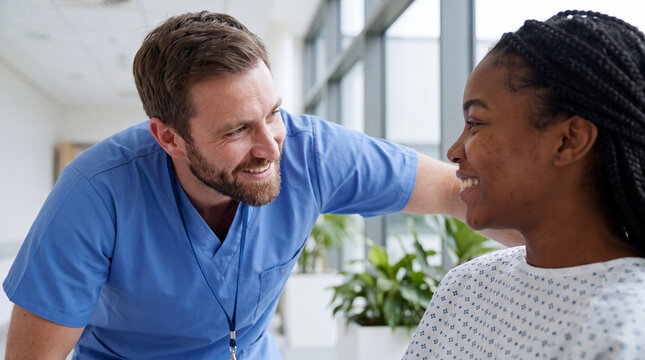 A Caucasian male nurse reassures a young Black patient in a modern clinic corridor for World Mental Health Day support images.