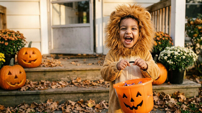 Joyful toddler in lion costume doing Halloween trick or treat at a doorway for festive October marketing and website banners