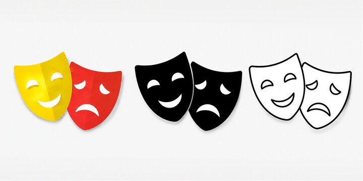 Drama comedy theater masks set, comedy and tragedy theatrical icons, yellow red black and white acting symbols for stage arts