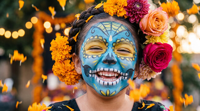 Mexican girl with blue and yellow sugar skull face paint and flower braids laughing with joy, great for Day of the Dead festival social posts and celebratory banners.