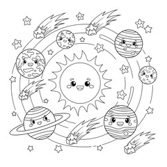 Fototapeta premium Cute cartoon solar system with smiling planets and comets in a playful style 