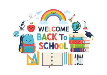 Naklejka premium Welcome Back To School - Cute Backpack, Books, Rainbow, Globe, Supplies