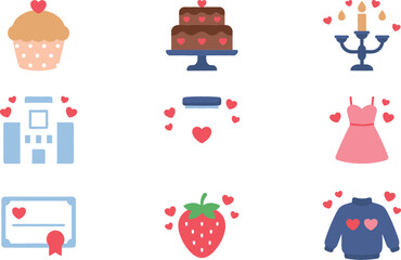 Fototapeta premium Valentine romantic flat icon set with heart cake dress strawberry candle cupcake and certificate.