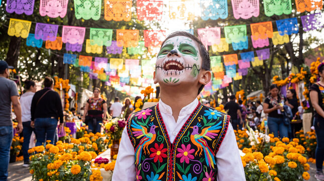 Mexican boy with green and white calavera face paint and embroidered vest laughing under papel picado banners, ideal for Day of the Dead festival advertising and social content.