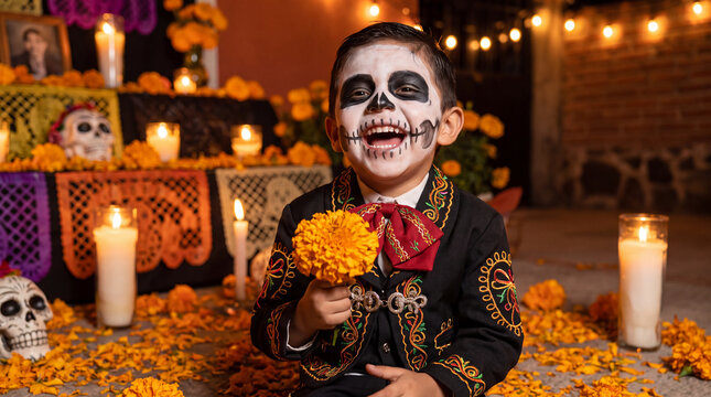 Young Mexican boy in charro-inspired outfit with skeleton face paint laughing while holding marigold flower, perfect for Day of the Dead festival marketing and family posters.