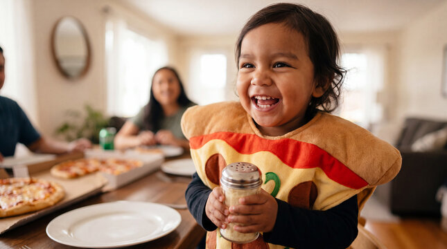 An Indigenous toddler in a pizza costume laughs with a cheese shaker at a family dinner table for National Pizza Month promotional banners.
