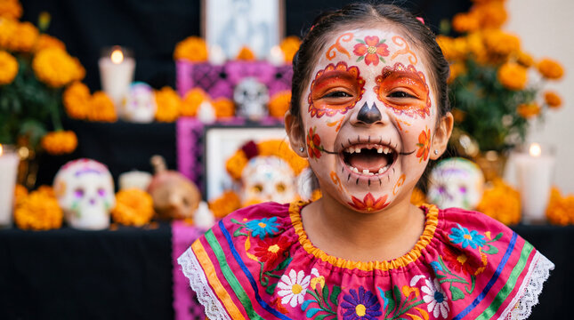 Mexican girl with orange and red floral sugar skull makeup and ruffled dress laughing near ofrenda, ideal for Day of the Dead festival promotions and cultural event banners.