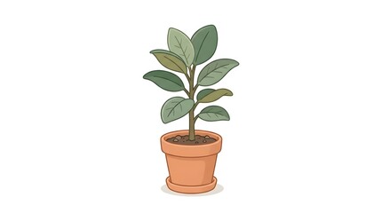 Fototapeta premium Minimalist Illustration of a Green Houseplant in a Terracotta Pot Isolated on a White Background