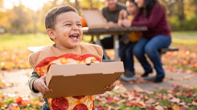 A Latino toddler in a pizza costume laughs with a pizza box at a park picnic table for National Pizza Month outdoor promotional photos.