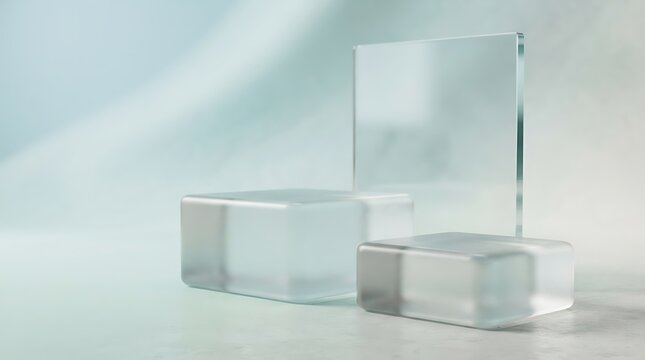 Minimalist product display podium made of transparent glass cubes and a vertical rectangular pane on a soft light background