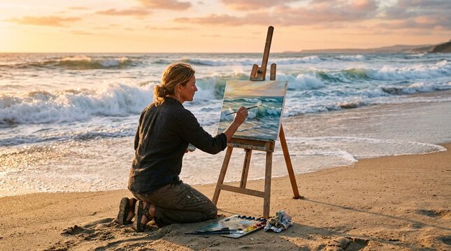 Female artist kneeling on sandy beach at golden hour, painting rolling ocean waves on canvas with easel, sunset sea, creative inspiration, en plein air oil painting session, coastal artistry