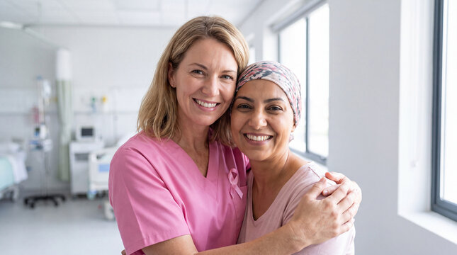 A White doctor shares a comforting hug with a Middle Eastern patient during Breast Cancer Awareness Month for supportive care content.