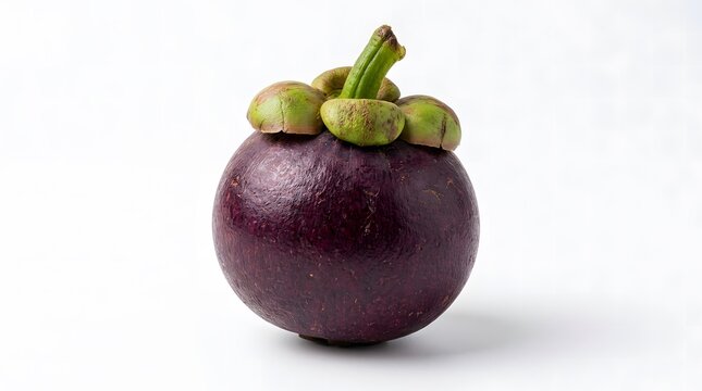 A single fresh mangosteen fruit with deep purple rind and green stem on white background.