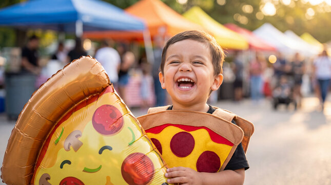 A Hispanic toddler in a pizza costume laughs with a pizza-shaped balloon at an outdoor food festival for National Pizza Month event posters.