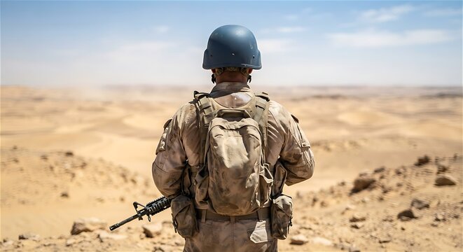 Soldier with Backpack and Rifle Standing on Desert Hill Looking at Horizon in War Zone