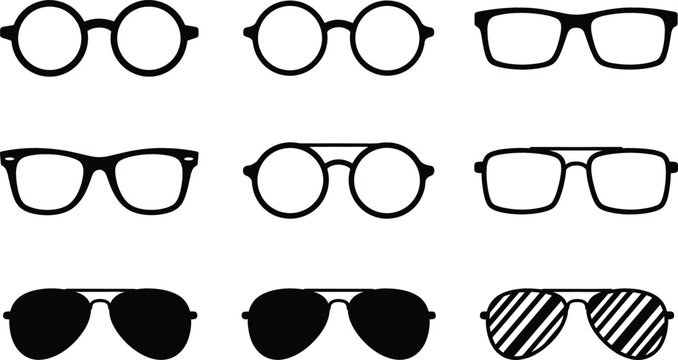 Eyeglasses and sunglasses silhouette icon set featuring classic round square and aviator frame designs.