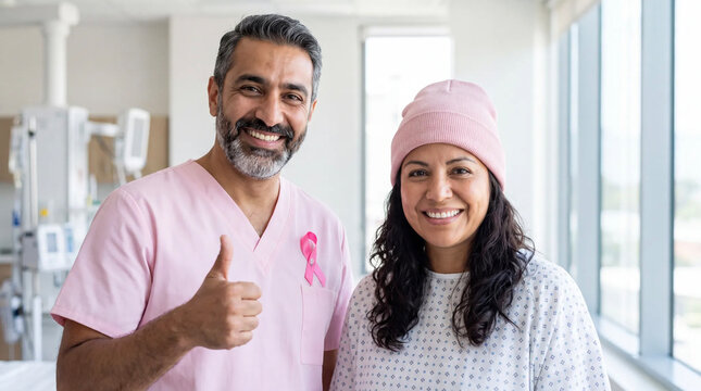 A Middle Eastern doctor and a Hispanic patient give a thumbs-up during Breast Cancer Awareness Month for positive oncology visuals.
