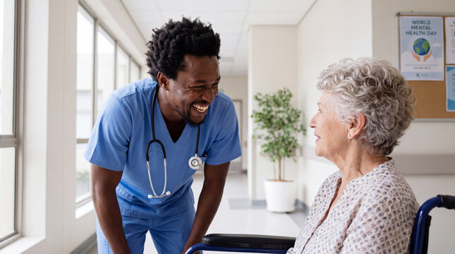 A Black male doctor chats joyfully with an elderly patient in a wheelchair in a hospital corridor for World Mental Health Day photos.