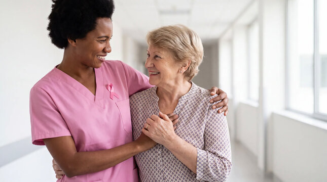 A Black nurse and a White senior patient smile warmly in a hospital for Breast Cancer Awareness Month geriatric care content.