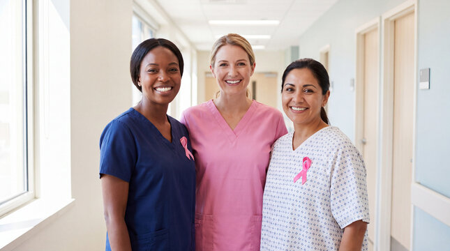 A doctor, nurse, and patient stand united with hopeful smiles for Breast Cancer Awareness Month hospital campaign visuals.