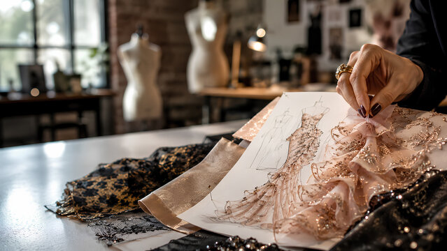 Fashion designer pinning lace fabric to dress sketch on workshop table, tailor atelier studio background with mannequins, creative high fashion tailoring haute couture concept with copy space