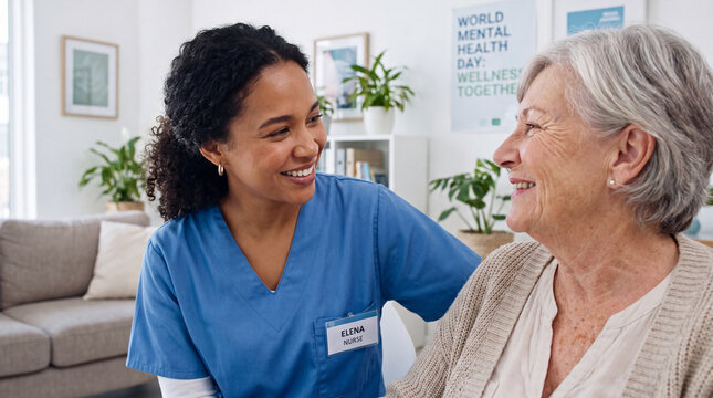 A mixed-race nurse talks warmly with an elderly Caucasian patient in a cozy therapy room for World Mental Health Day comforting images.